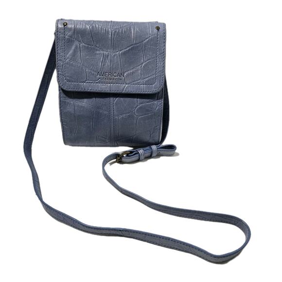 American Leather Co. Kansas Crossbody Bag Croc Embossed Leather Purse Blue - Picture 2 of 11